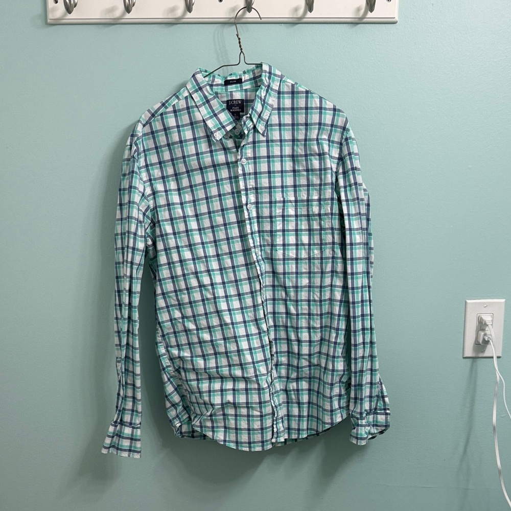 J. Crew Men's Blue and White Checkered Shirt